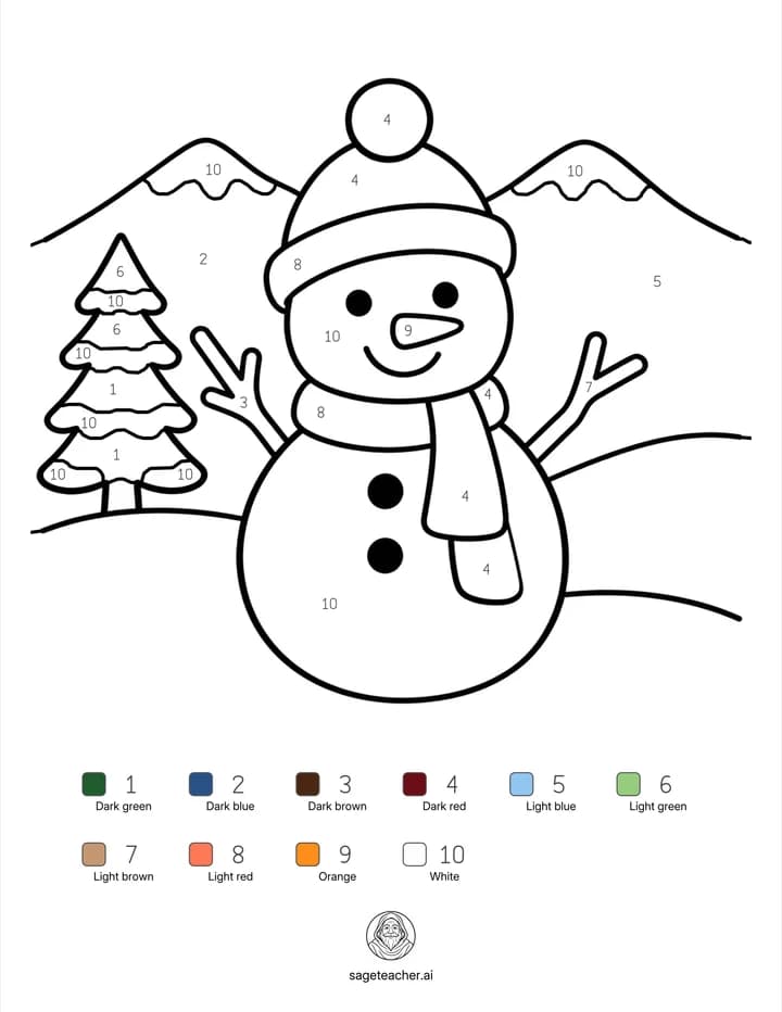 Example: a cheerful snowman in the mountains — color-by-number worksheet