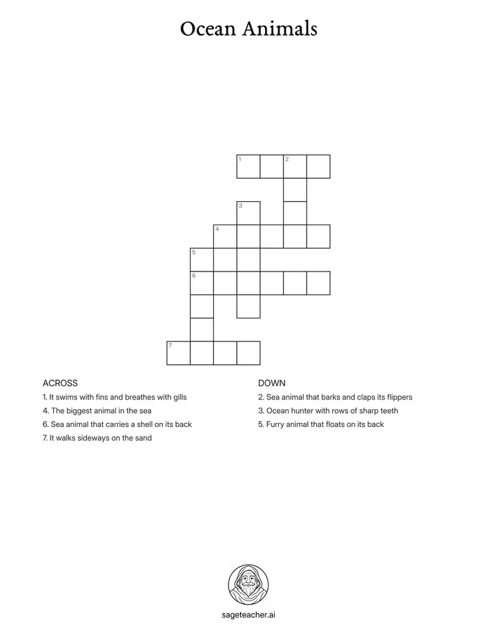 Example: ocean animals — crossword worksheet