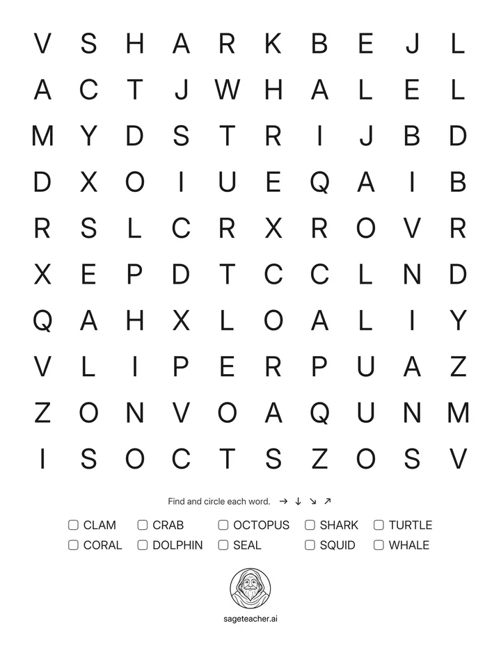 Example: ocean animals — word search worksheet