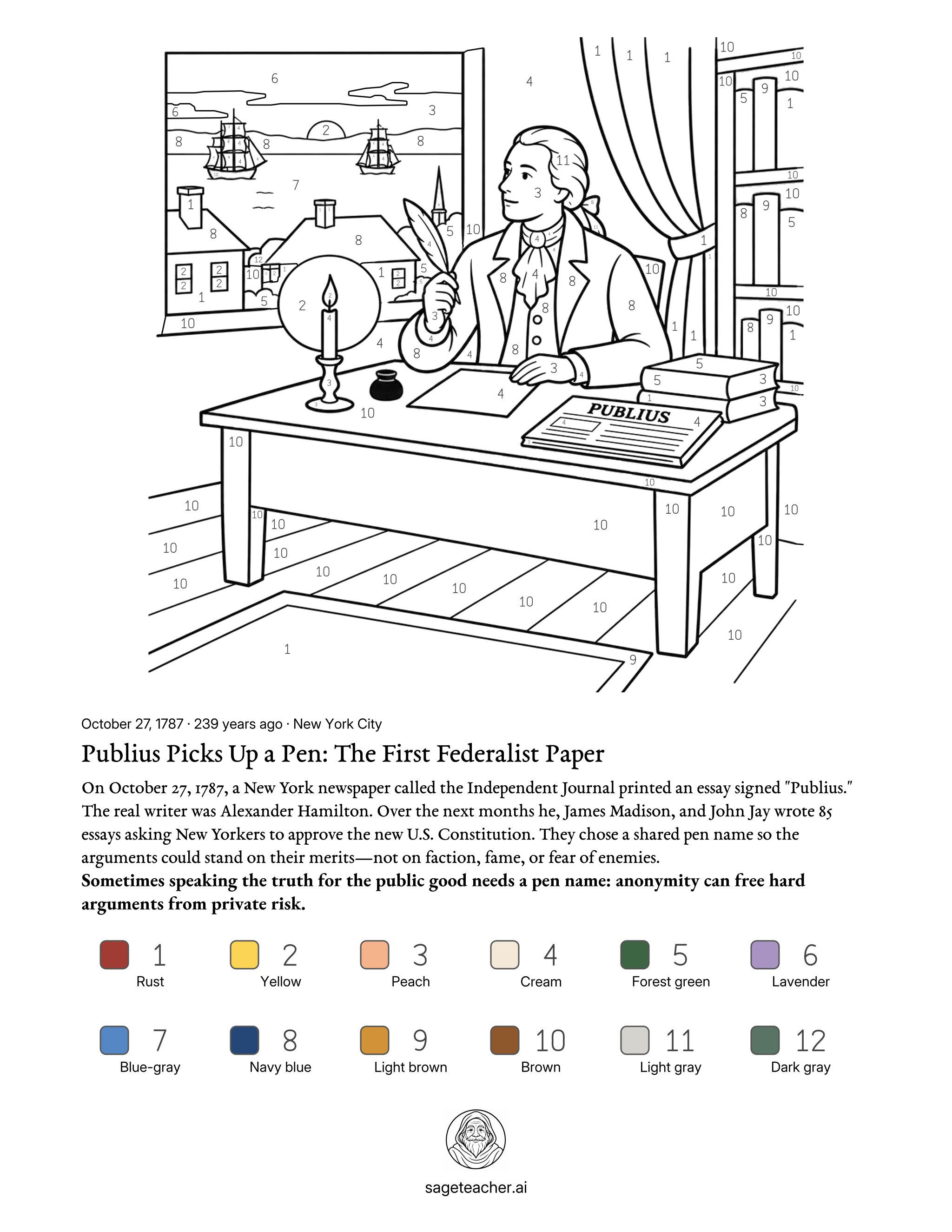 Free Federalist Papers color by number math printable worksheet with color key