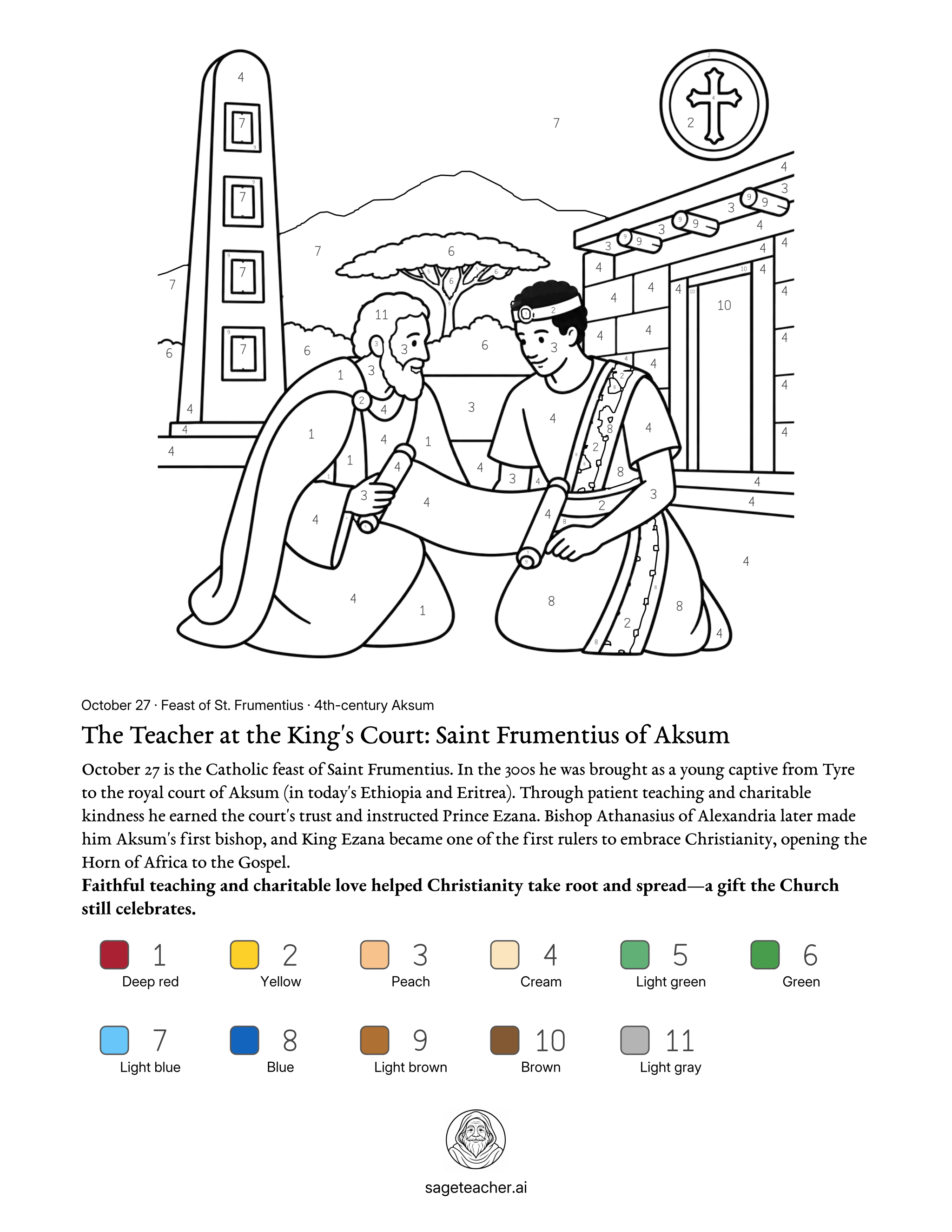 Free Saint Frumentius color by number math printable worksheet with color key