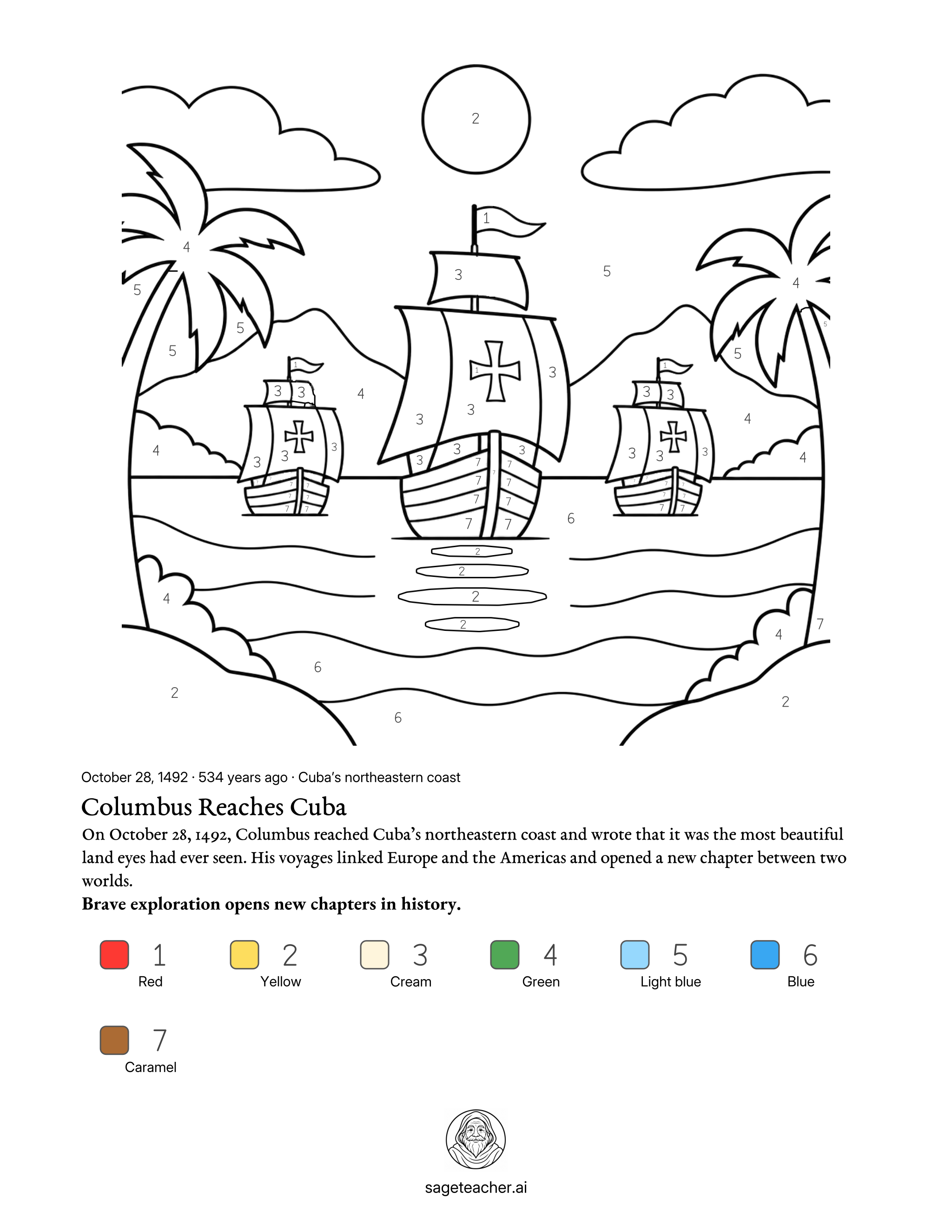 Free Columbus color by number math printable worksheet with color key