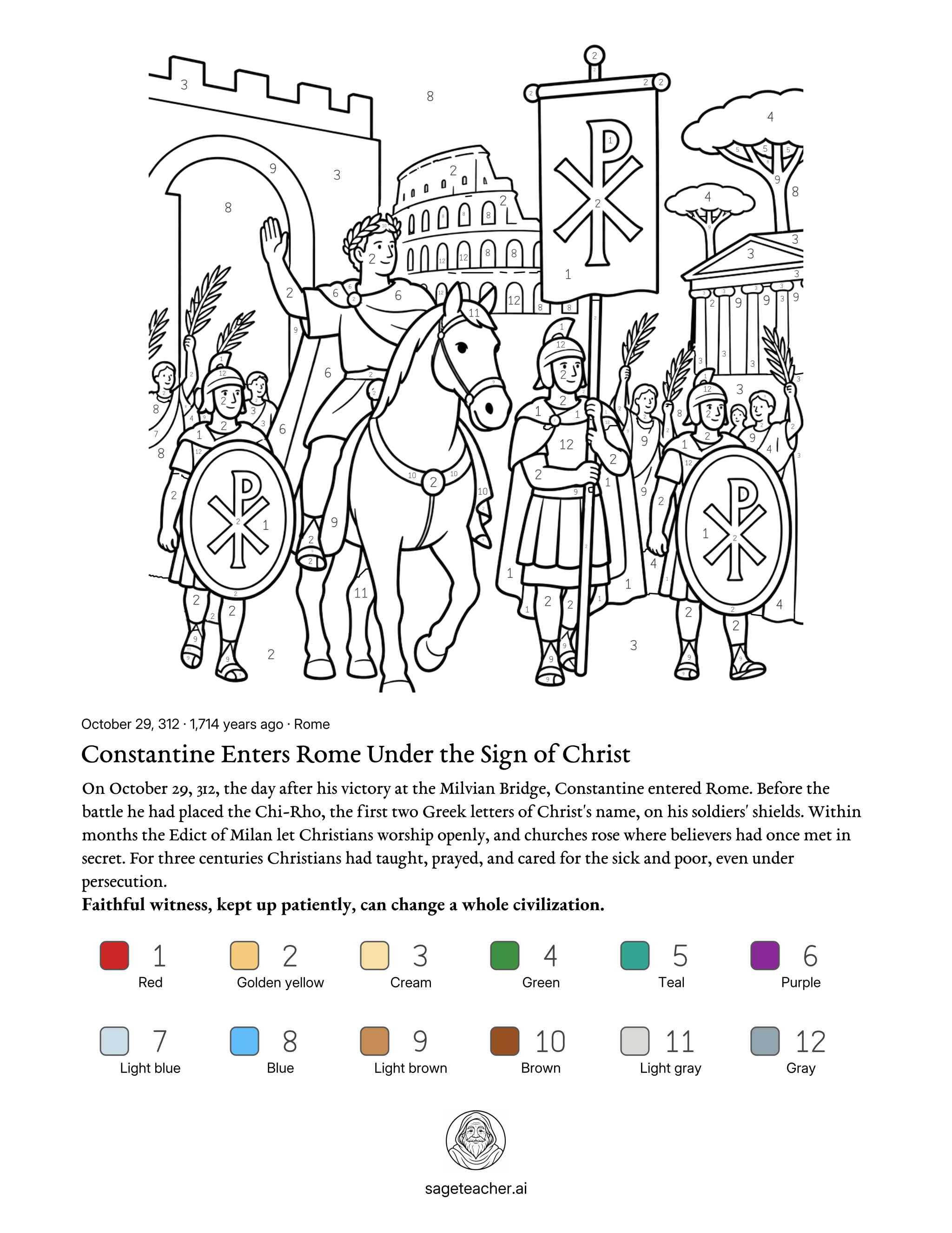 Free Constantine color by number math printable worksheet with color key