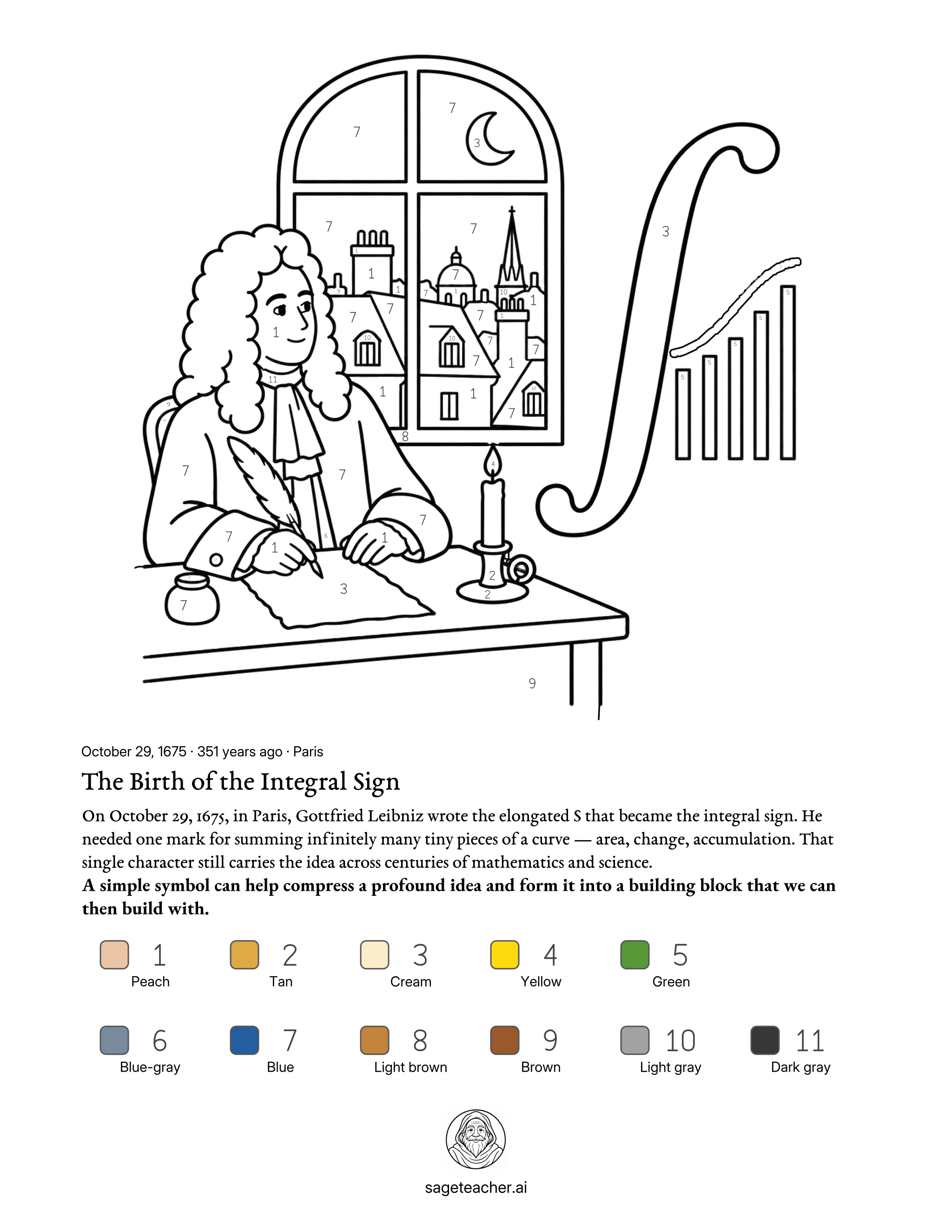 Free Leibniz color by number math printable worksheet with color key