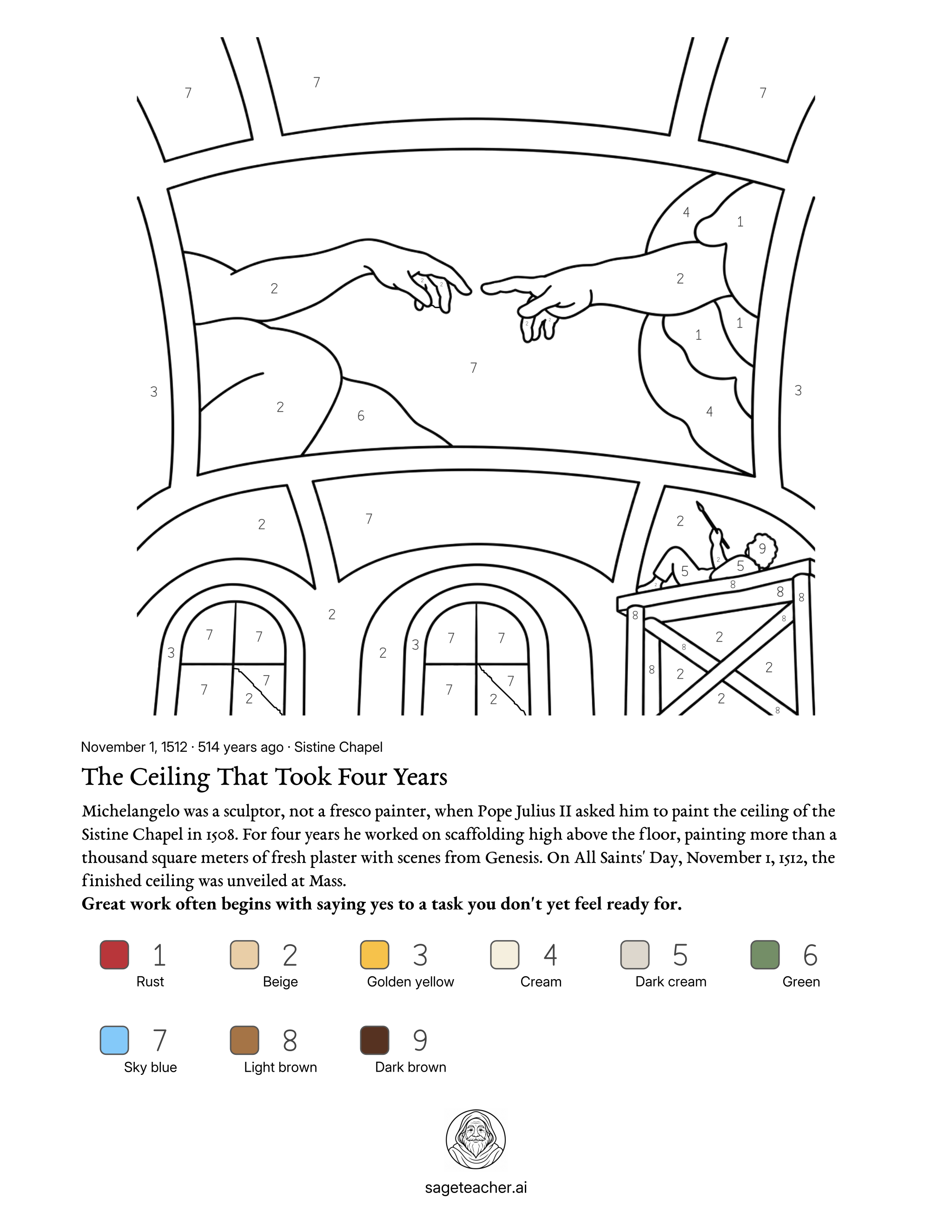 Free Sistine Chapel color by number math printable worksheet with color key