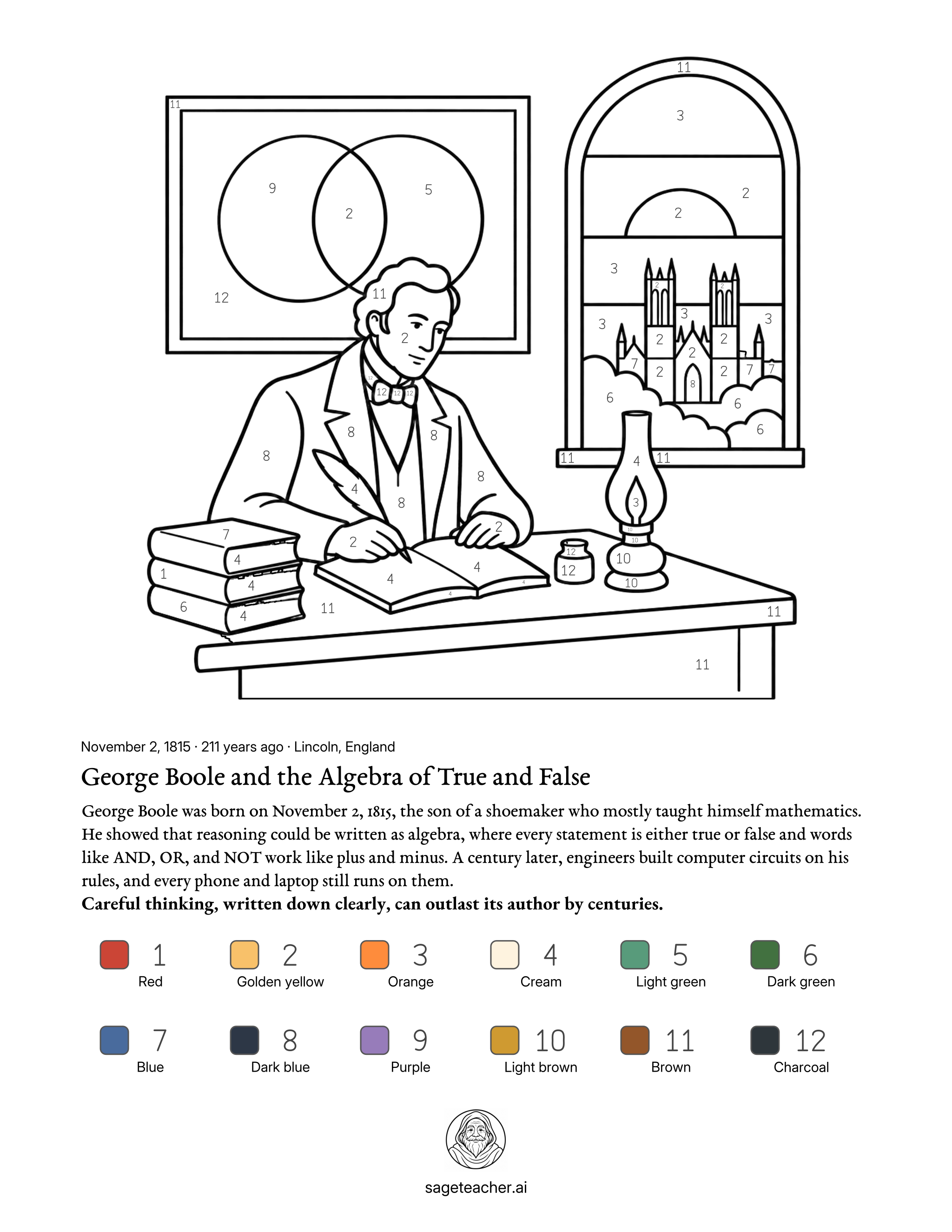 Free George Boole color by number math printable worksheet with color key