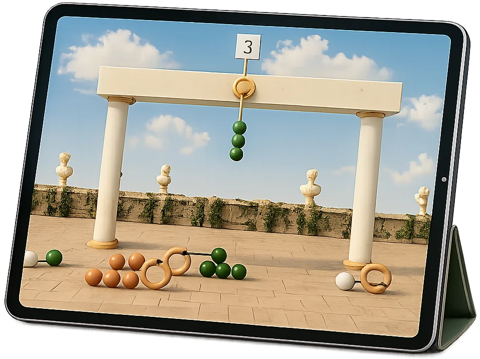 Sage on an iPad: a counting lesson in a sunny stone courtyard